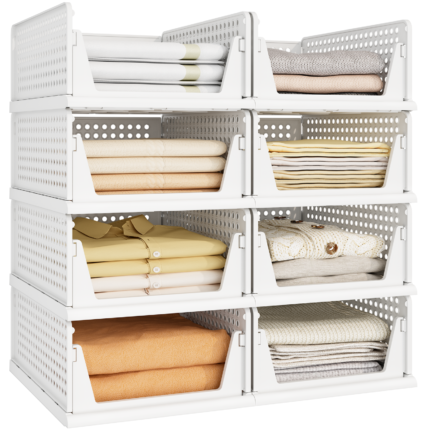8 Pack Closet Organizers and Storage Plastic Stackable Storage Bins, White